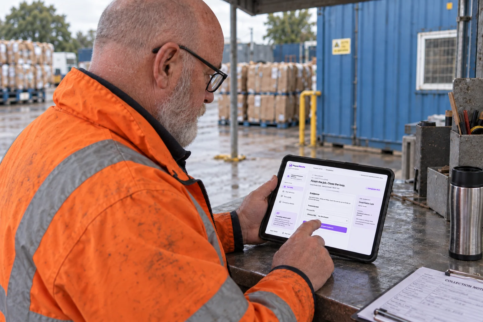 AI illustration viewed over a collections supervisor’s shoulder as he uploads completion evidence on a small handheld tablet at a yard workbench