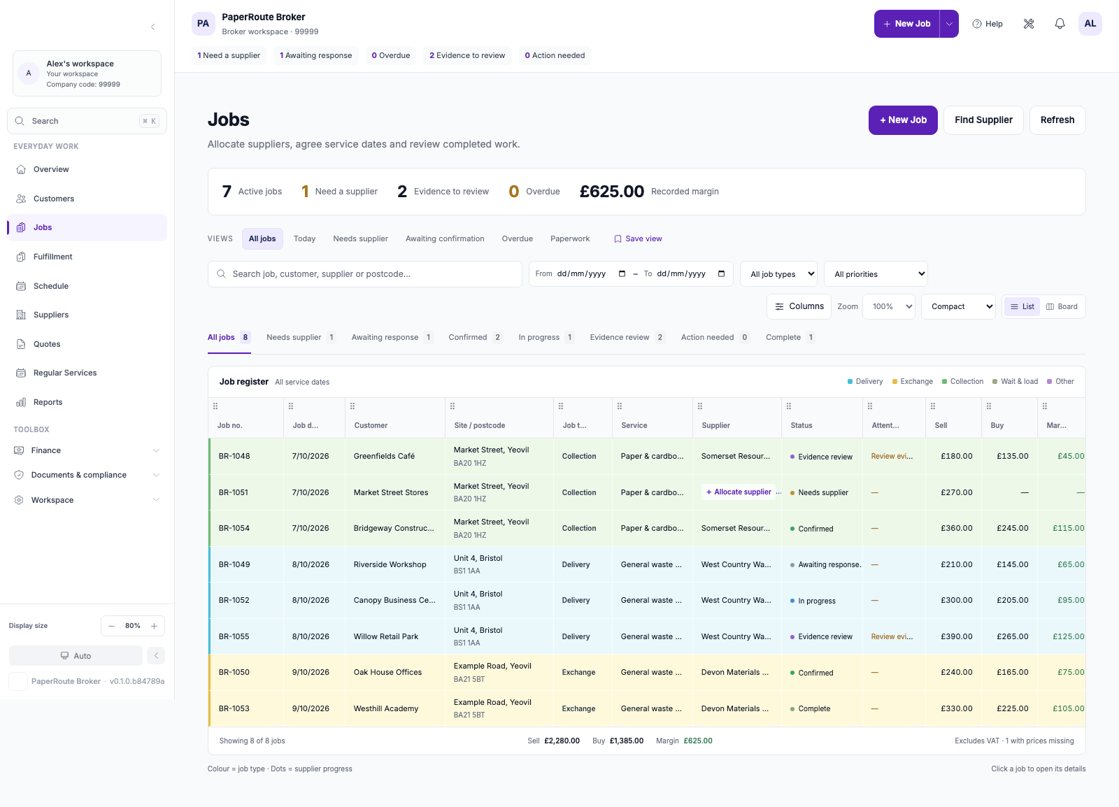 Actual PaperRoute Broker Jobs screen with fictional demo records