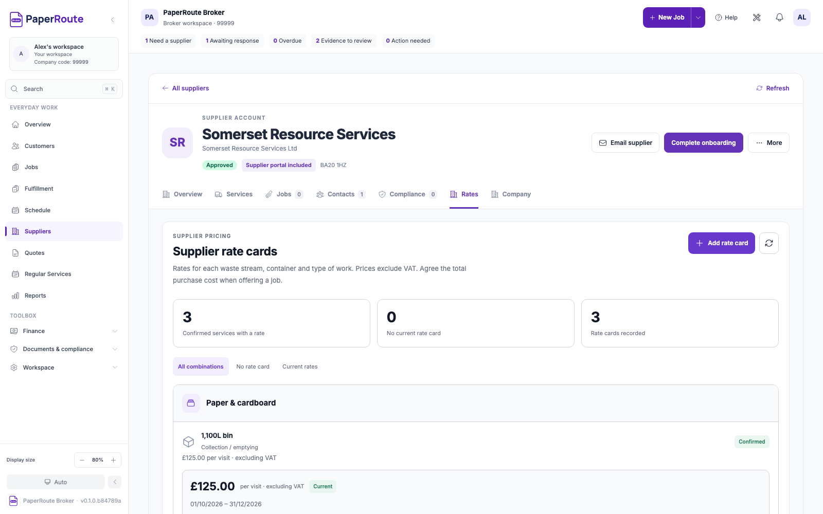Actual broker rate card interface for Somerset Resource Services with fictional dated prices