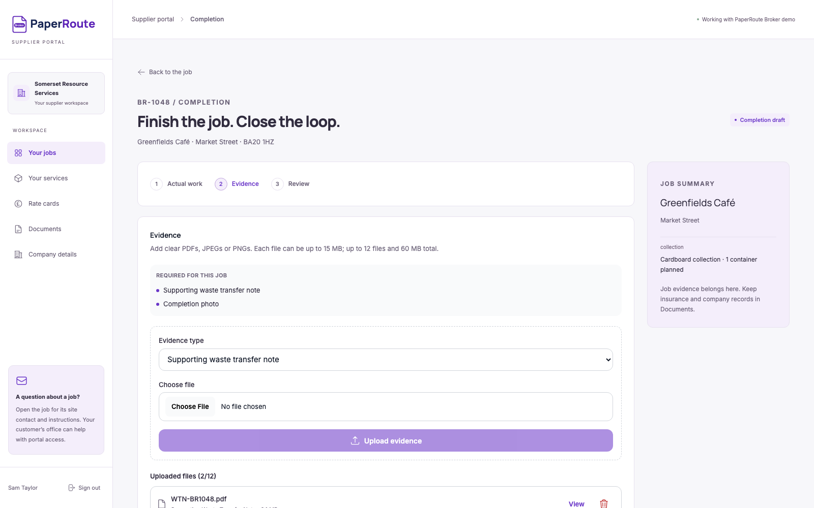 Actual supplier completion evidence interface with a supporting waste transfer note and collection photo in a fictional job